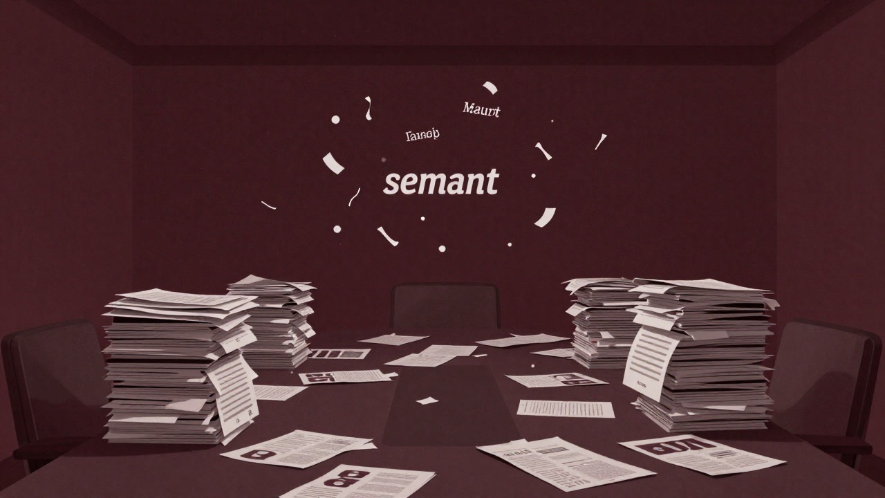 Illustration of a conference room piled high with marketing materials as buzzwords float around.