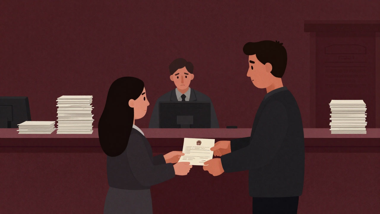 Illustration of a silhouetted couple looking bored at a registry office counter