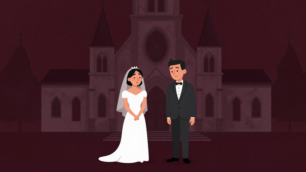 Illustration of a weary-looking newlywed couple exchanging vows in front of an old church.