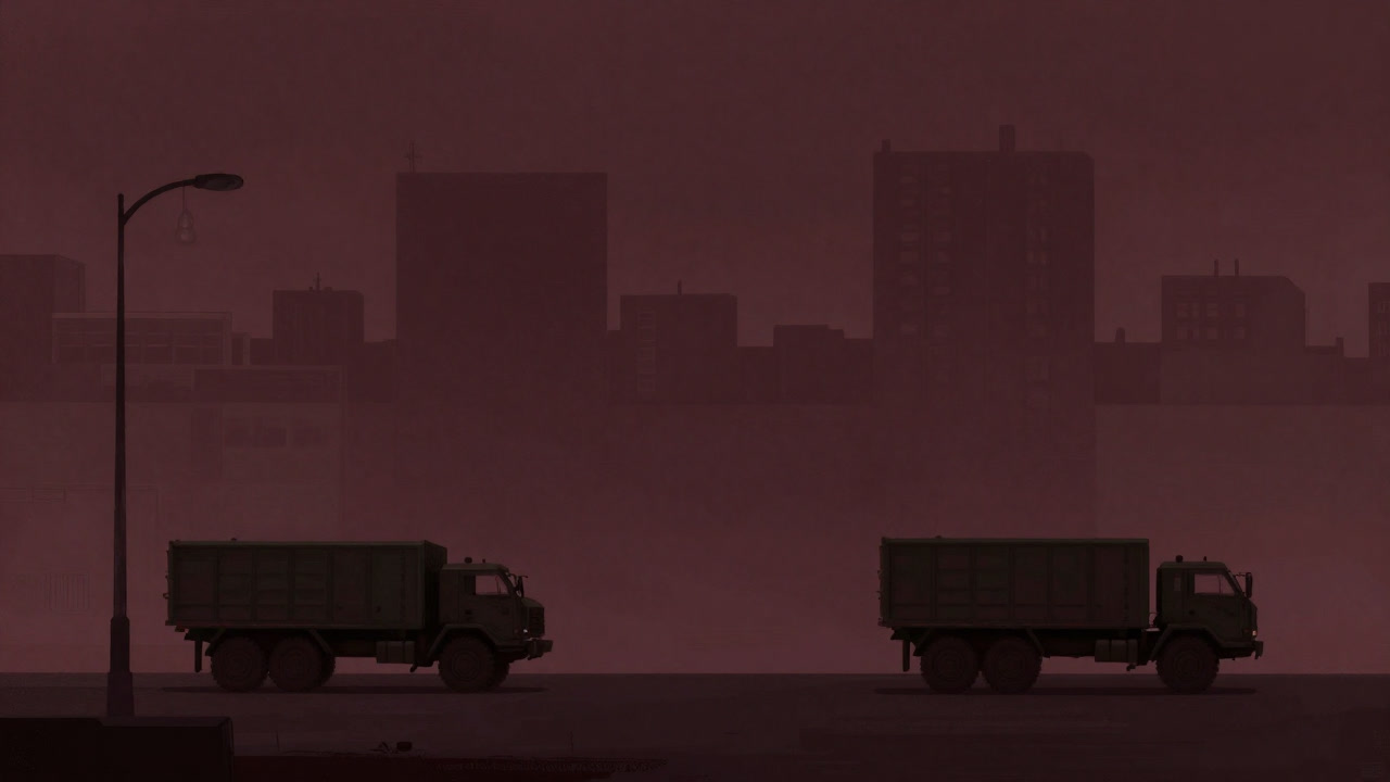 夜の都市を軍用トラックがゆっくり進む中、街灯が一斉に消えた荒涼とした風景