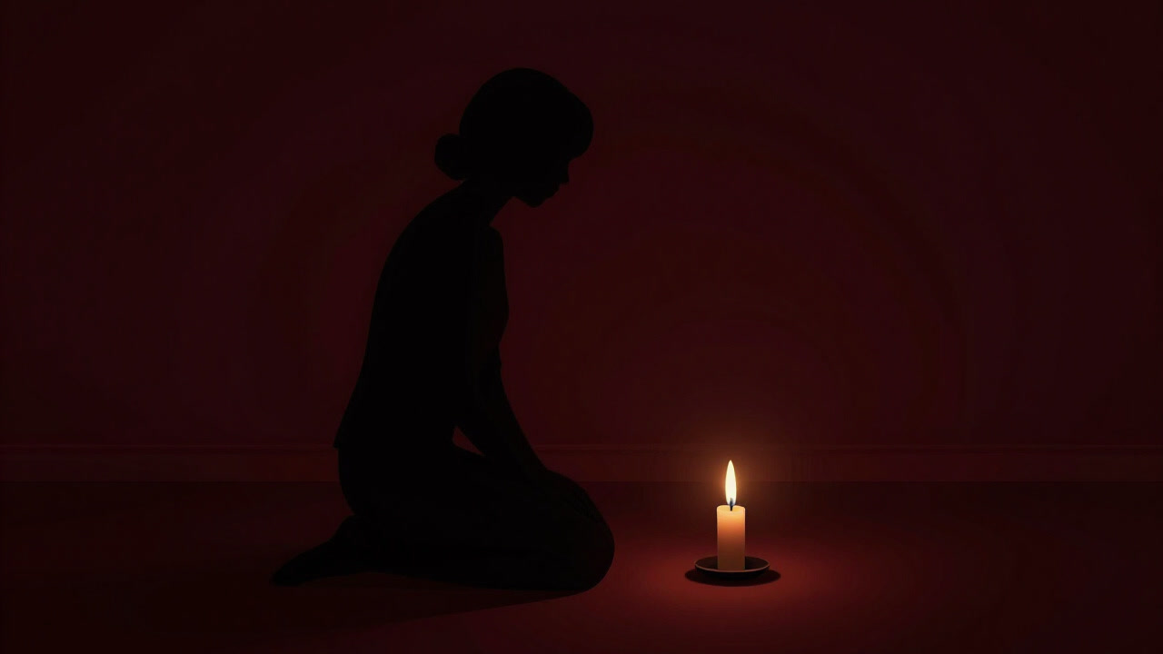 Silhouette of a person kneeling before a candle flame with a vacant expression