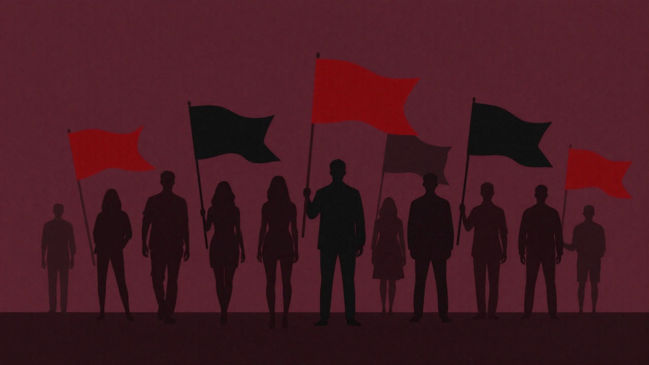 Silhouette of a group pondering under red and black flags in the background