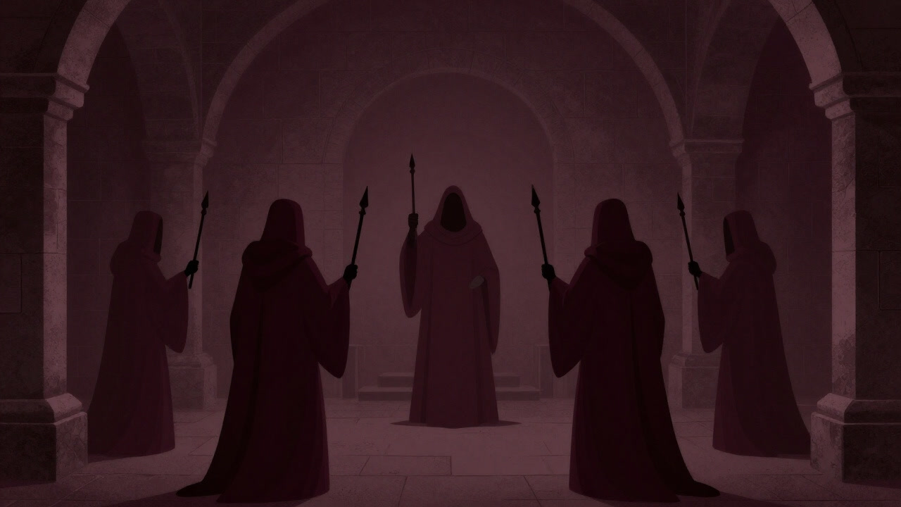 Silhouettes of cloaked figures waving ceremonial wands in a dim, secretive chamber