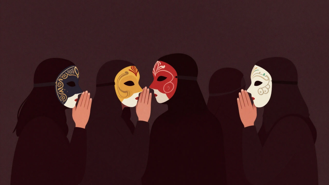 A group of people wearing colorful masks whispering to each other in darkness in a ritualistic setting