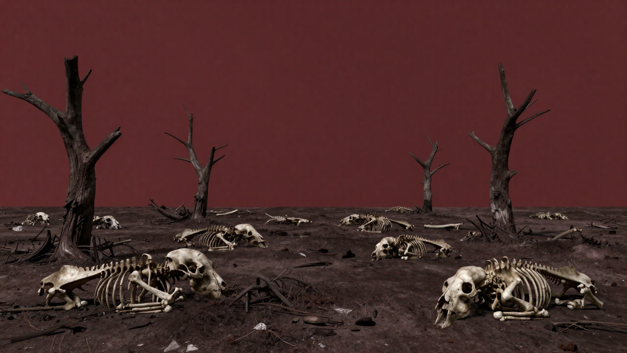 Illustration of a desolate landscape with only bleached bones scattered on barren earth