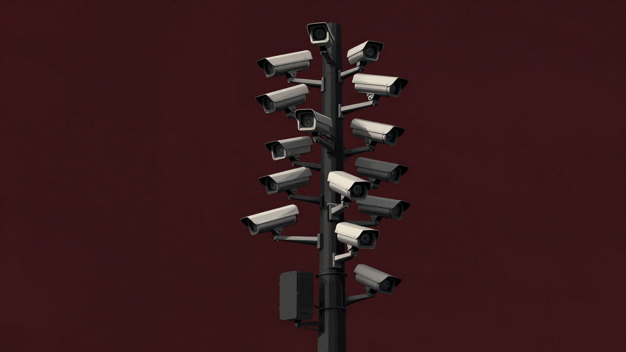 Image of a street corner utility pole densely covered with cameras, countless lenses staring back.