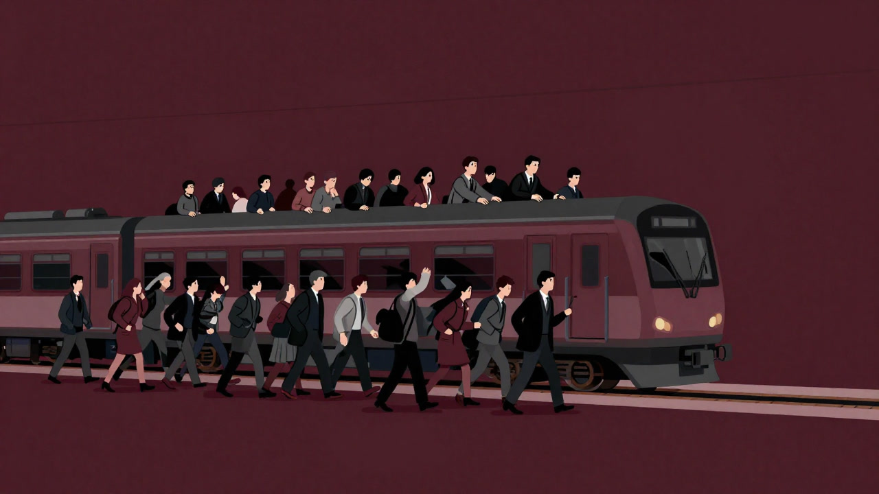 プラットフォームに押し寄せる人々がまるでサーディンのように詰め込まれる様子を捉えた写真