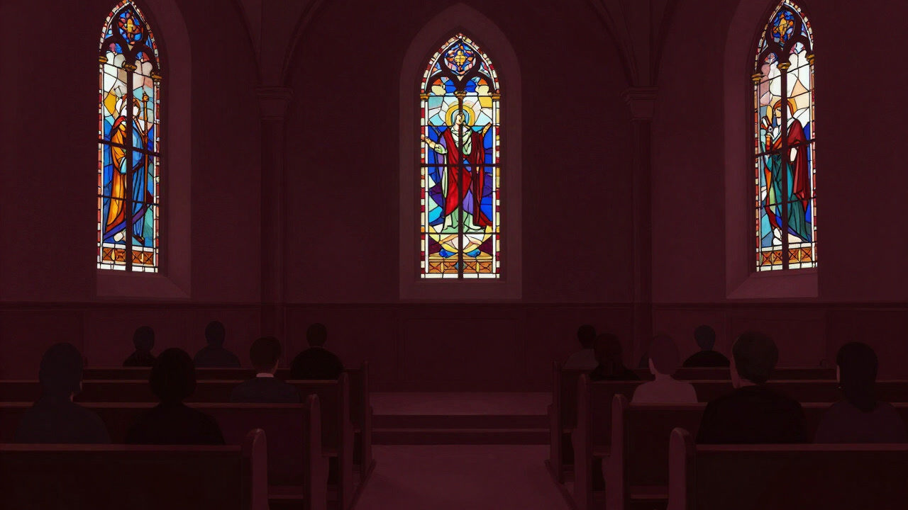 Image of congregants gathering under stained glass, bearing both the weight and boredom of prayer