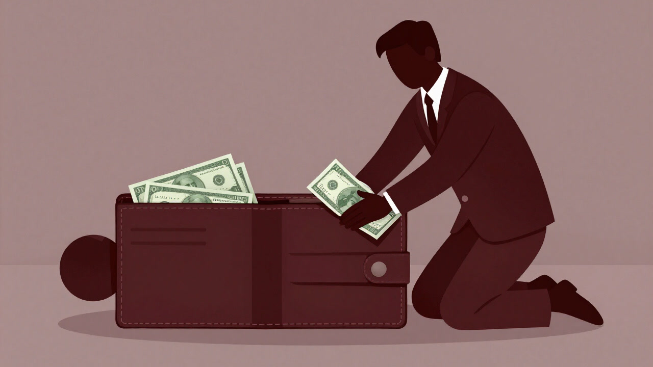 An anthropomorphic masseuse wearing a suit made of banknotes kneading a wallet-shaped client in a dimly lit massage room