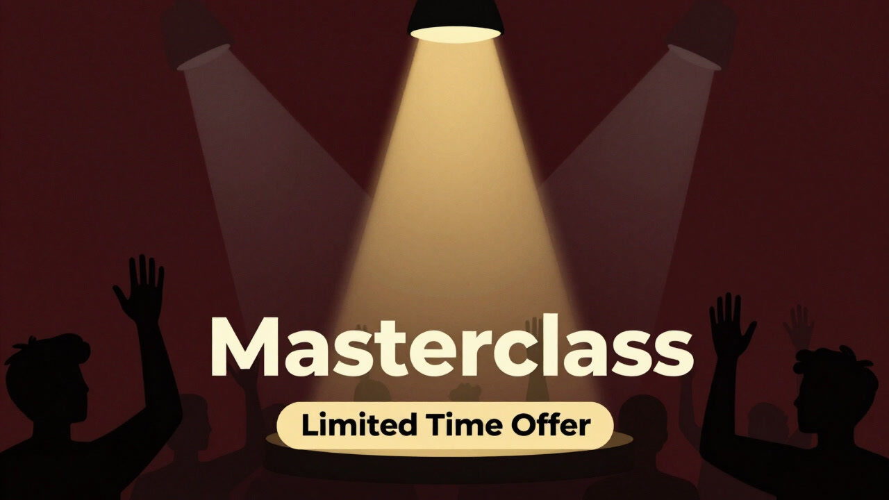 A banner for a masterclass, glowing golden certificate and silhouettes of enthusiastic participants