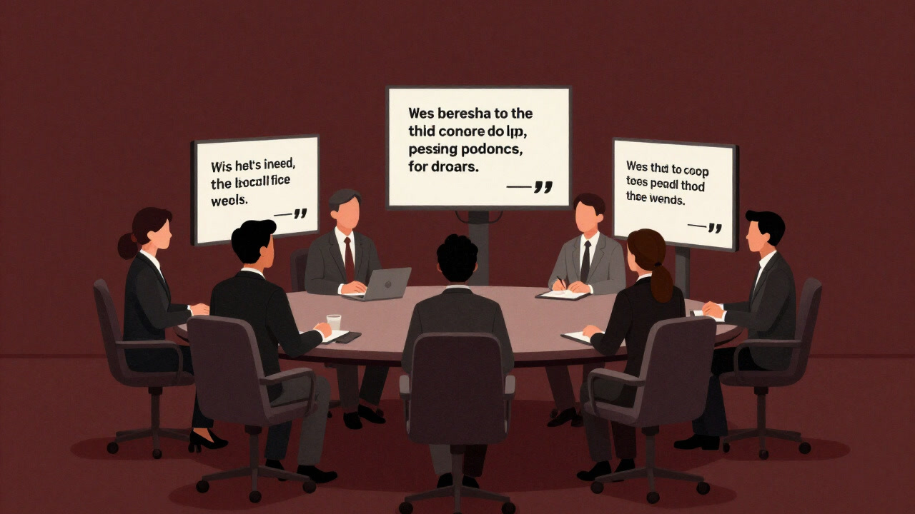 Illustration of business people sitting around a roundtable, projecting slides of inspirational quotes.