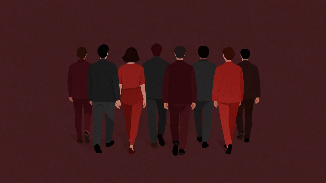 Image of a couple and friends walking in completely matched outfits, shot from behind