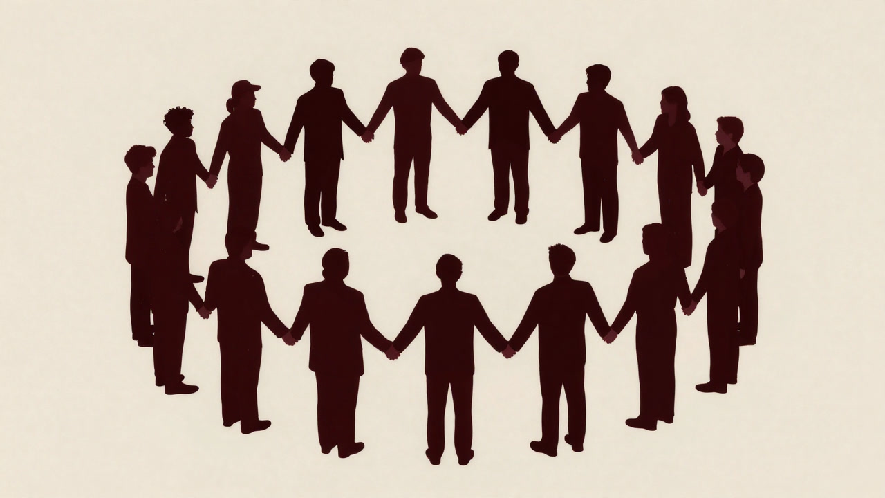 Silhouettes of colorful figures standing shoulder to shoulder in a circle, with one figure faintly outlined