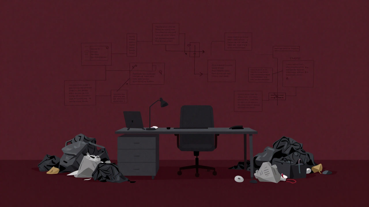 An office desk with piles of waste and flowcharts mixed together in a bizarre harmony.
