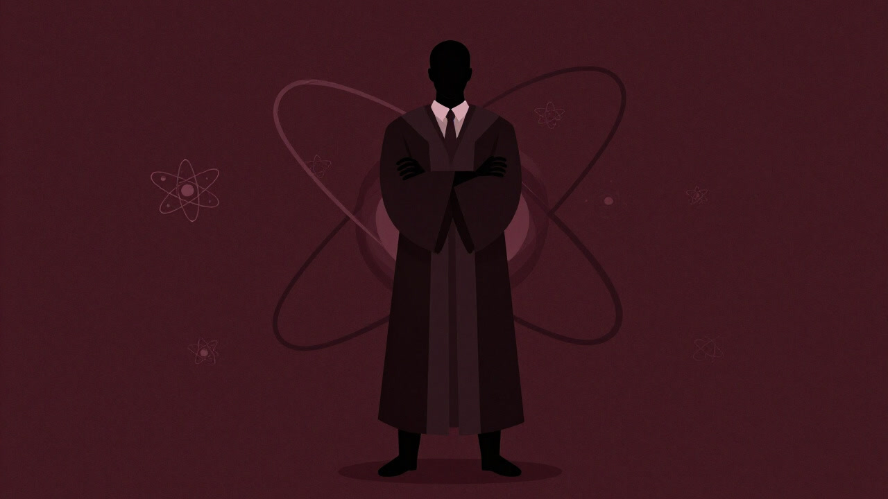 The lone figure of a materialist rejecting metaphysics amidst a swarm of atoms