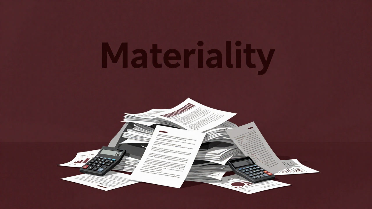 Image of the word "Materiality" floating above a pile of thick documents and calculators