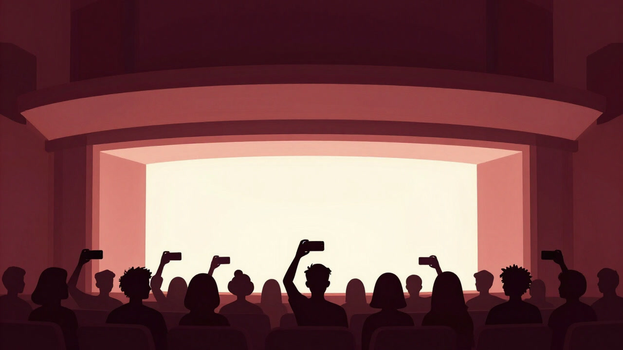 Silhouette of audience members taking selfies with smartphones in front of a theater lit up during the day