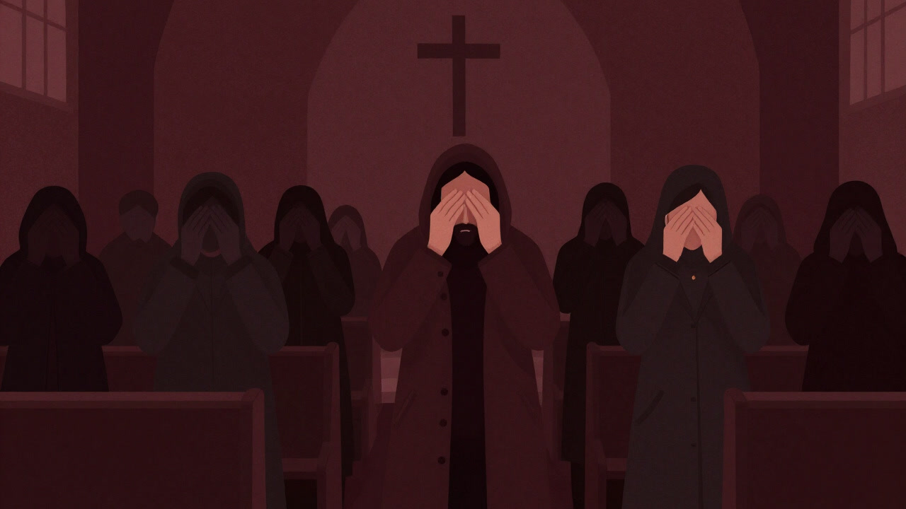 Illustration of worshippers gathered before dawn for matins, battling cold and drowsiness, seen from behind