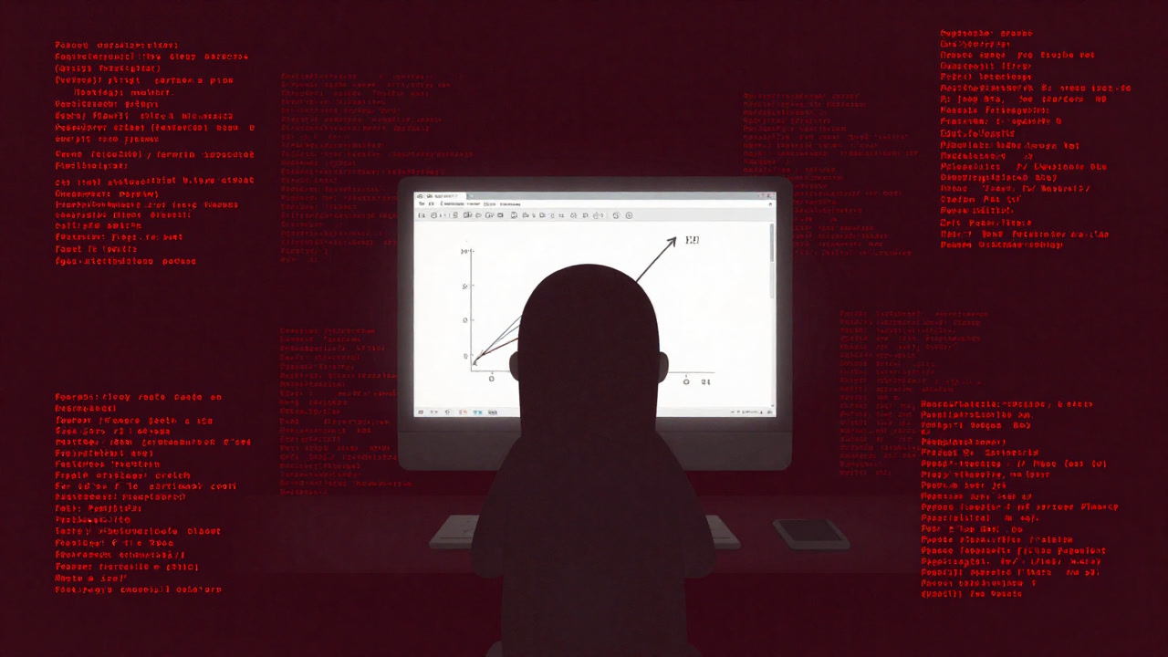 Illustration of a code window exhausted amid endless matrices and error messages, staring at the glowing GUI.