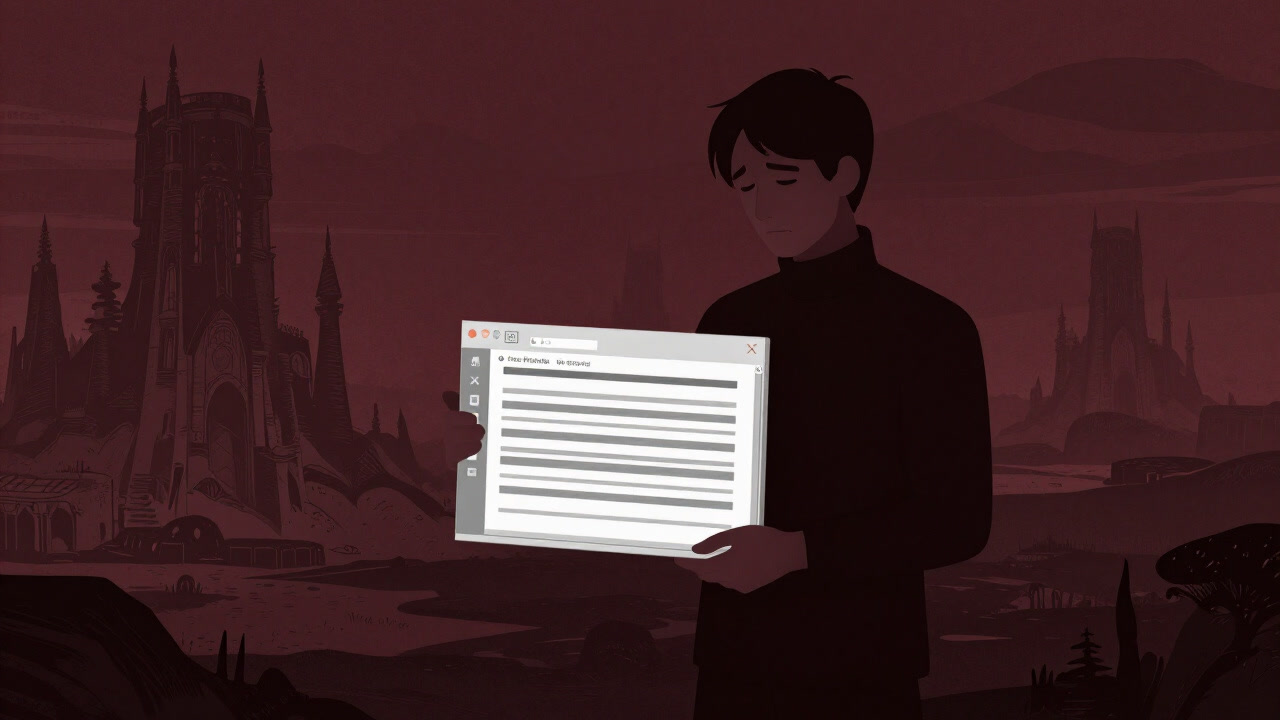 Designer holding a PSD file with countless overlapping layers, looking bewildered in front of a vast imaginary landscape.