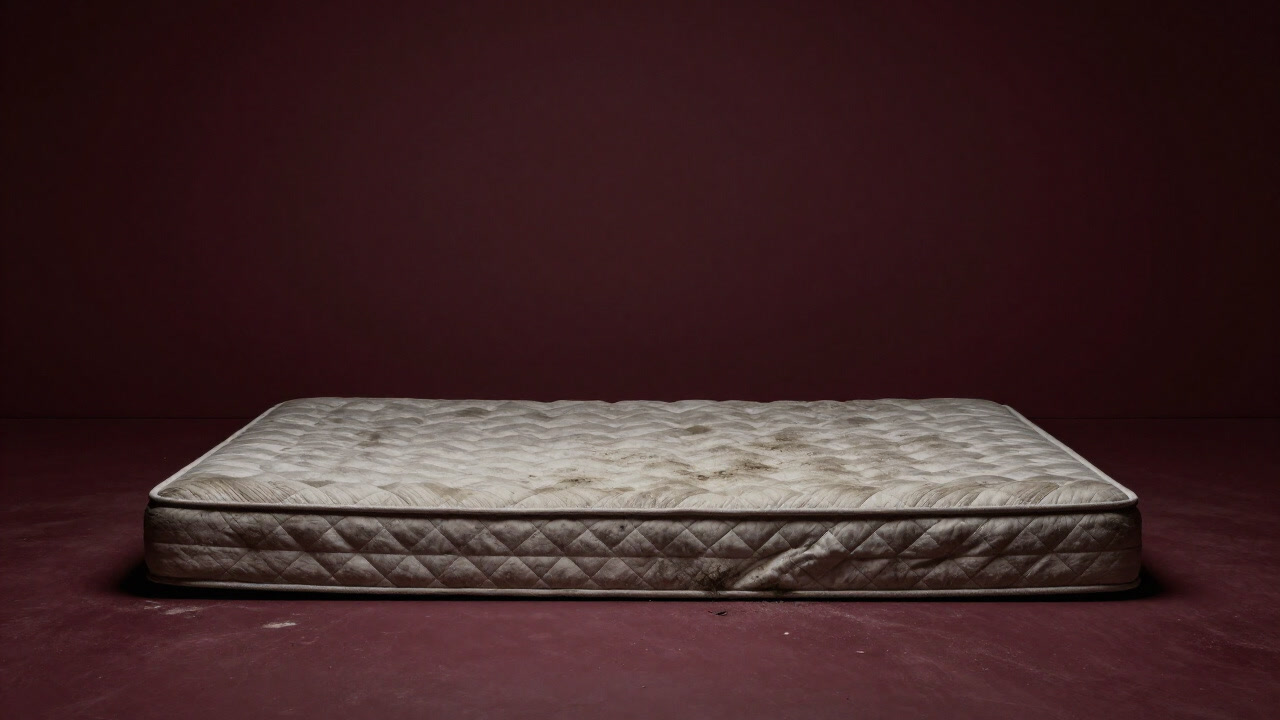 ぼろぼろのマットレスが床にベタ置きされ、くぼんだ凹凸に影が落ちる写真