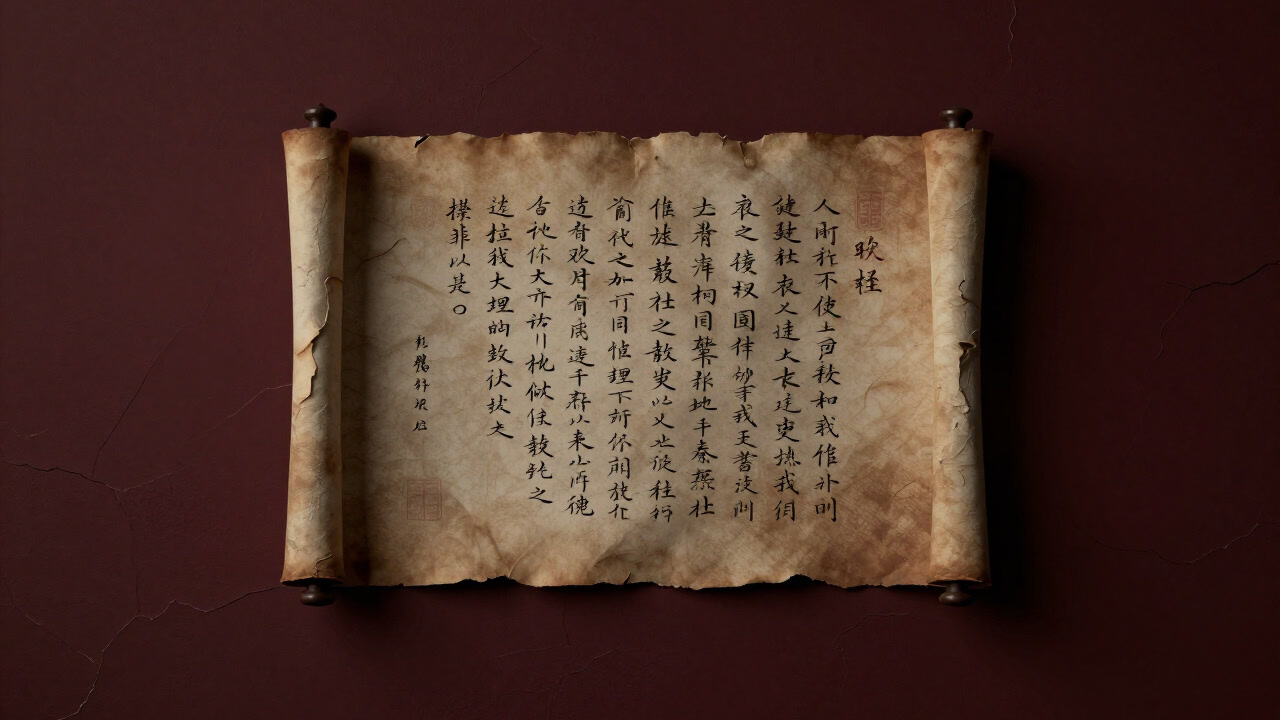 古びた巻物に書かれた格言が壁に飾られ、誰にも読まれず埃をかぶる様子