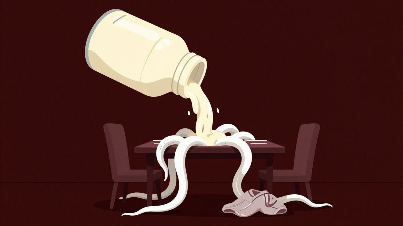 マヨネーズの瓶から無数の白い触手が伸び、食卓と服に絡みつくホラータッチのイラスト