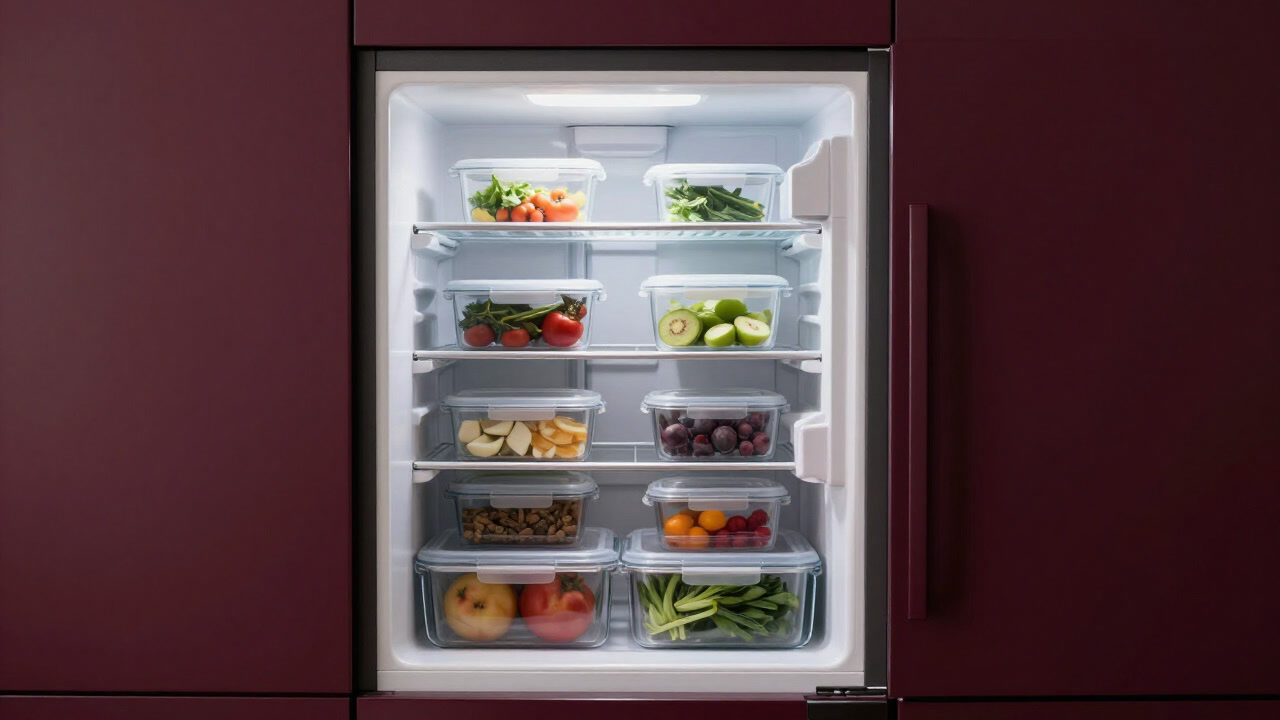 ジューシーなおかずが整然とタッパーに詰められ、冷蔵庫の棚を占拠している画像