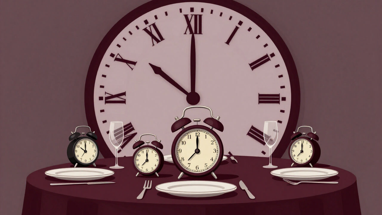 Illustration of dinnerware on a table surrounded by alarm clocks with a clock face in the background.