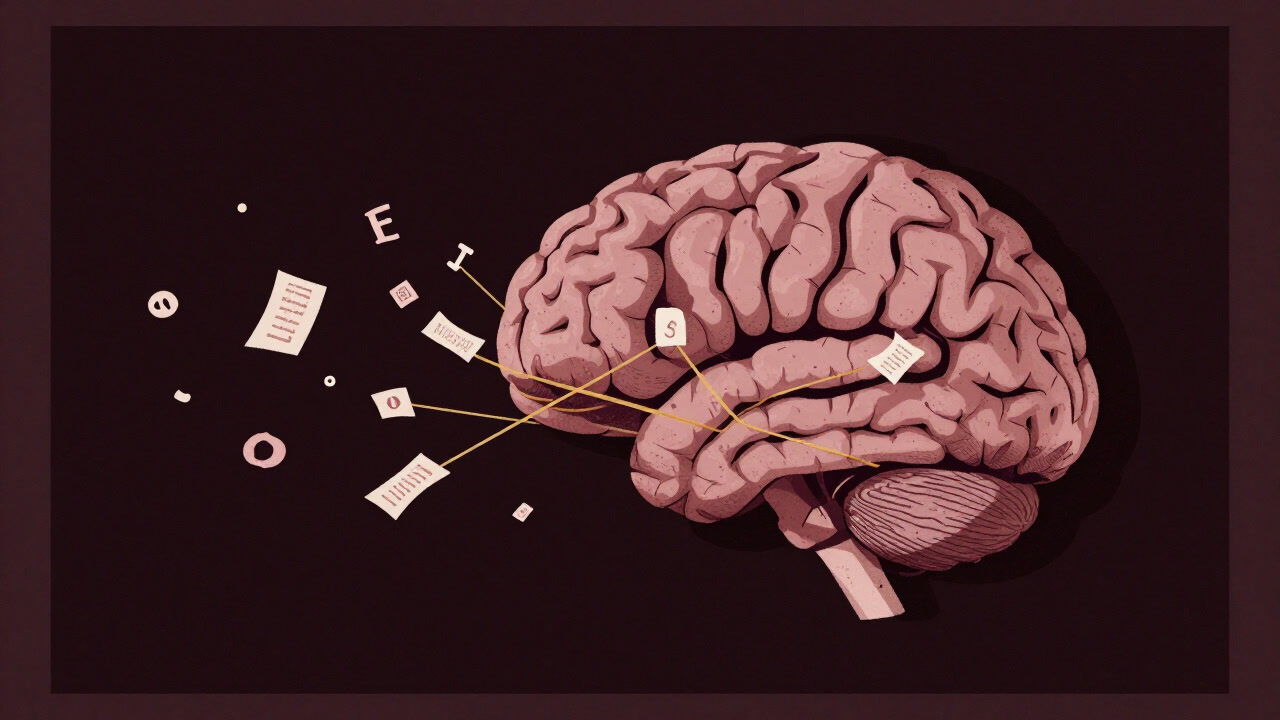 Illustration of a brain in a dark void weaving golden threads between floating words and symbols
