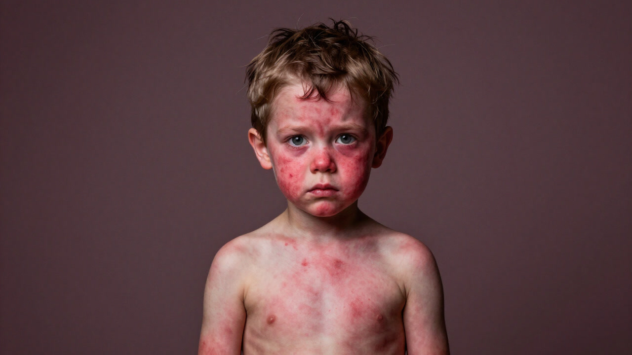 赤い発疹が全身に広がる子供の体のクローズアップ写真