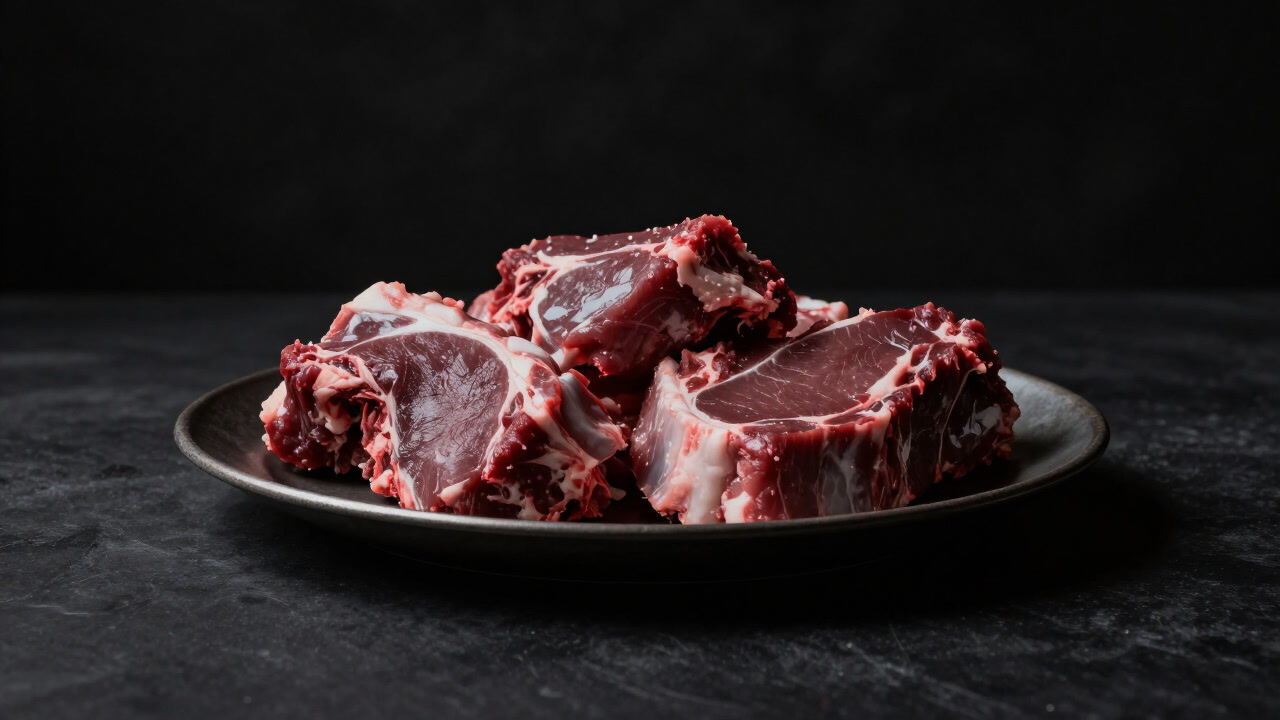 Photo of raw meat pieces eerily shining on a large platter at a dining table.