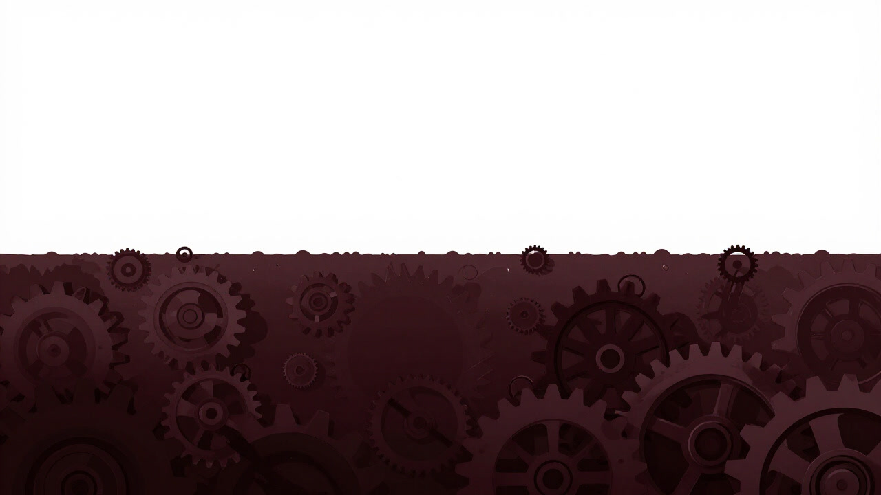 A fragmentary image of a world in darkness filled with endless chains of gears and axles, with only the sound of mechanisms operating.