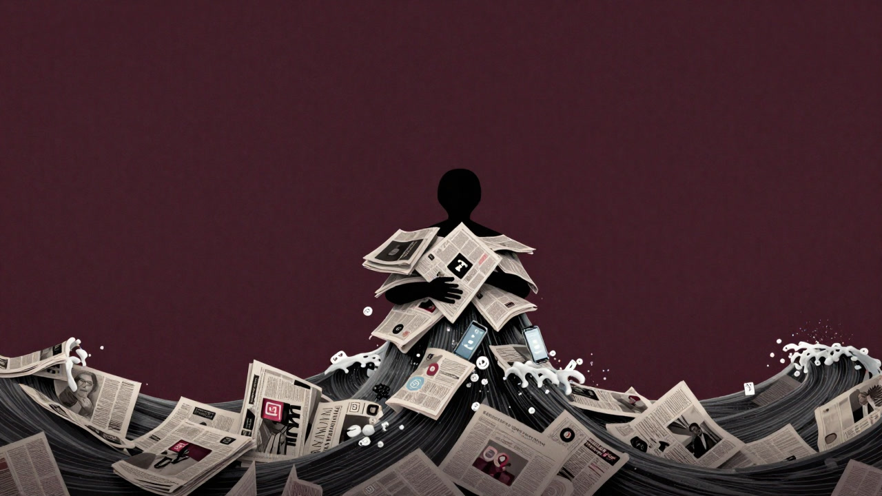 Silhouette of a person being overwhelmed by waves of newspapers and smartphone notifications
