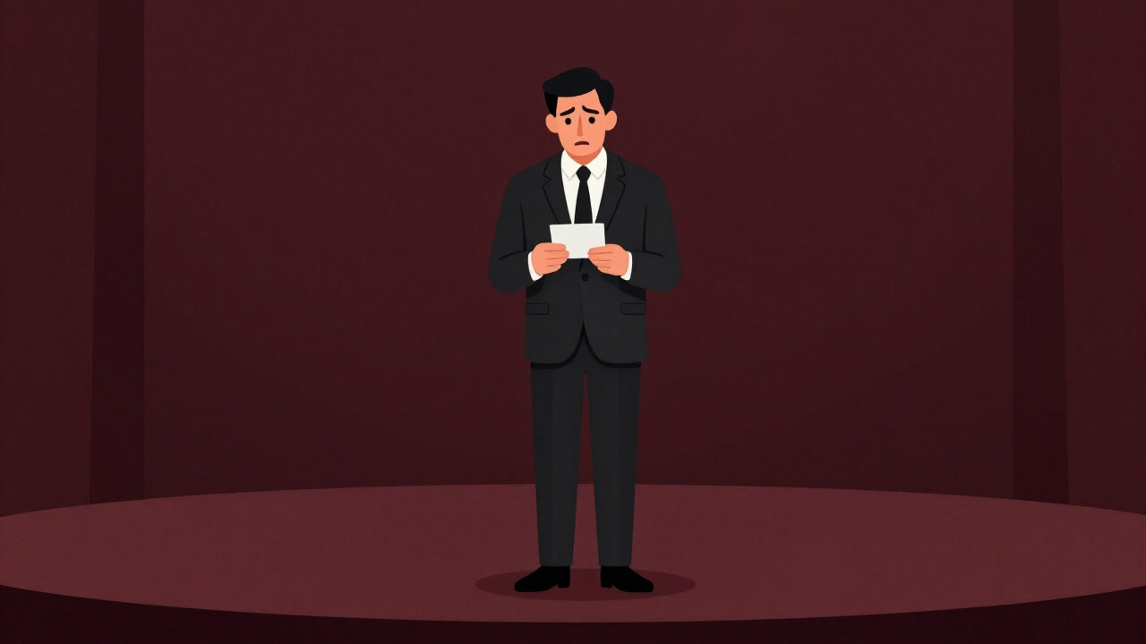 Illustration of a corporate spokesperson nervously clutching cue cards on stage, sweat beading on their brow