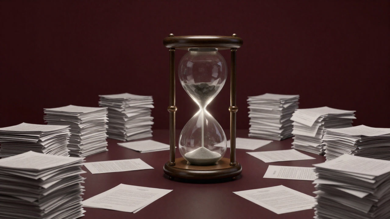 書類の山の中で砂時計だけが回り続け、人影は誰もいない調停会議室の様子