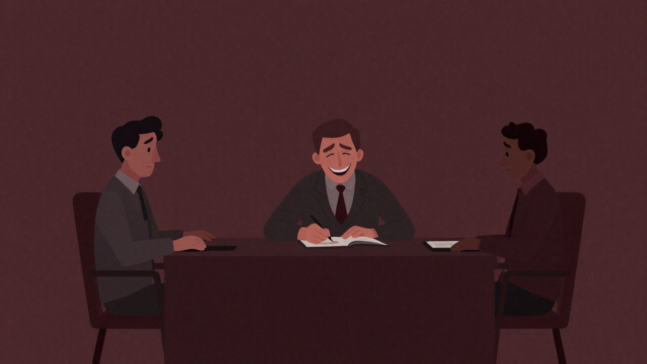 Two parties sit exhausted in a mediation room while the mediator laughs gleefully