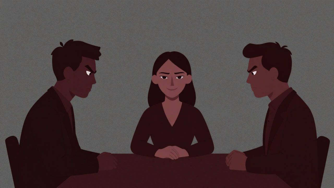 Illustration of a mediator sitting at a table smiling peacefully, while two parties behind glare at each other fiercely