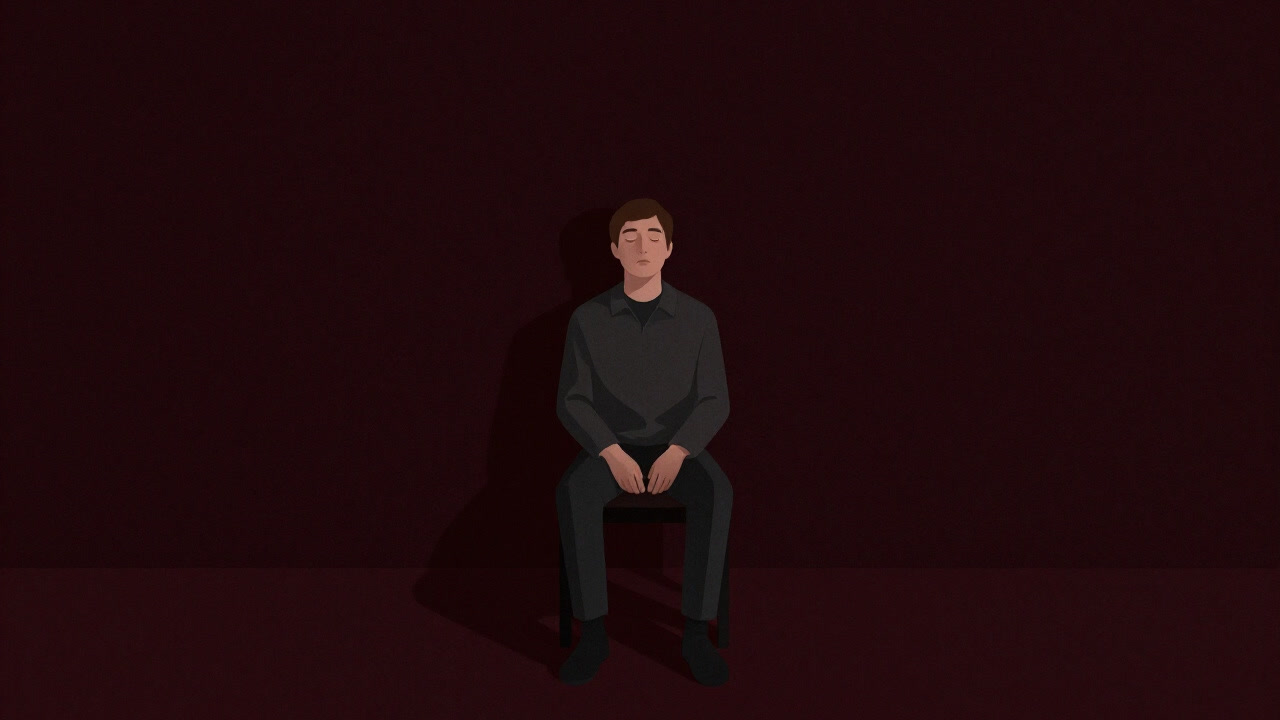 静かな部屋にぽつんと座り、無音の空気を見つめる人のシルエットの画像