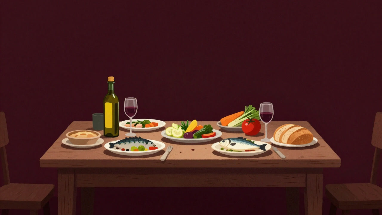 Illustration of bottles of olive oil, fish, and vegetables on a table glowing as if narrating the mysteries of health
