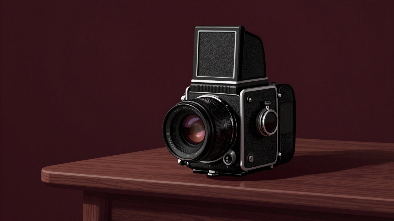 Image of a vintage medium-format camera placed on a dark wooden table