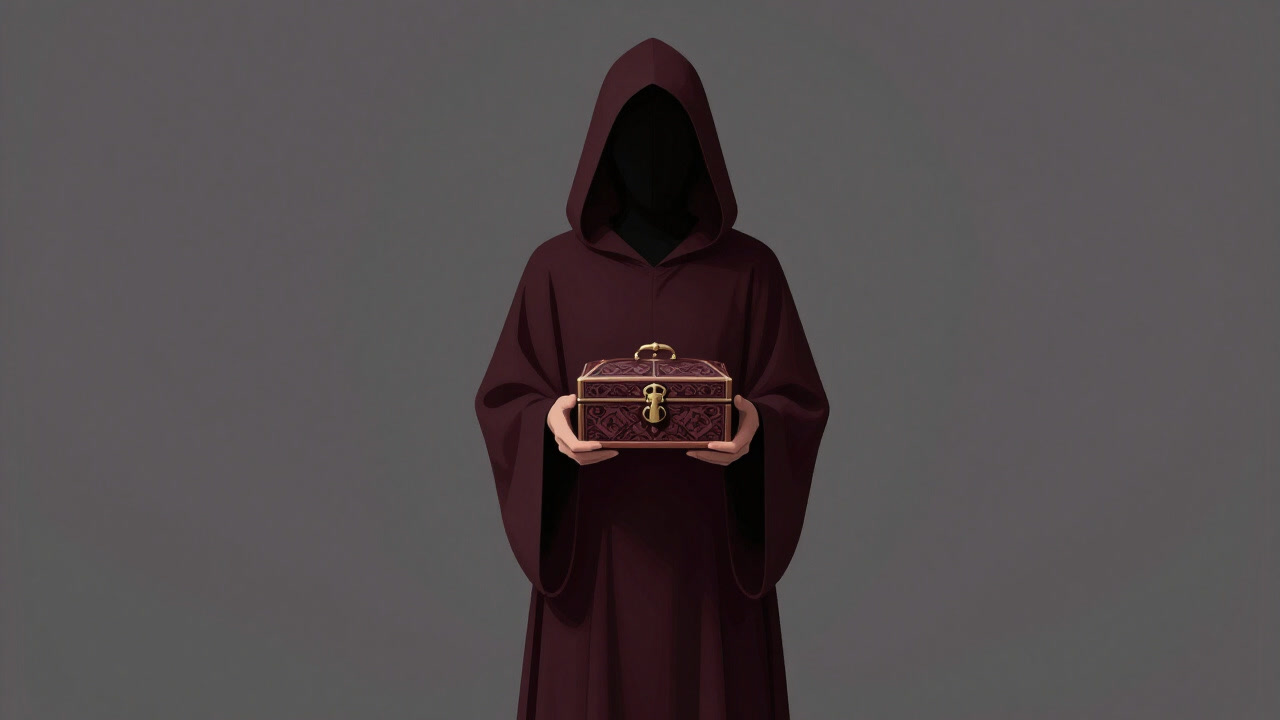 Silhouette of a robed medium offering a locked box in dim lighting