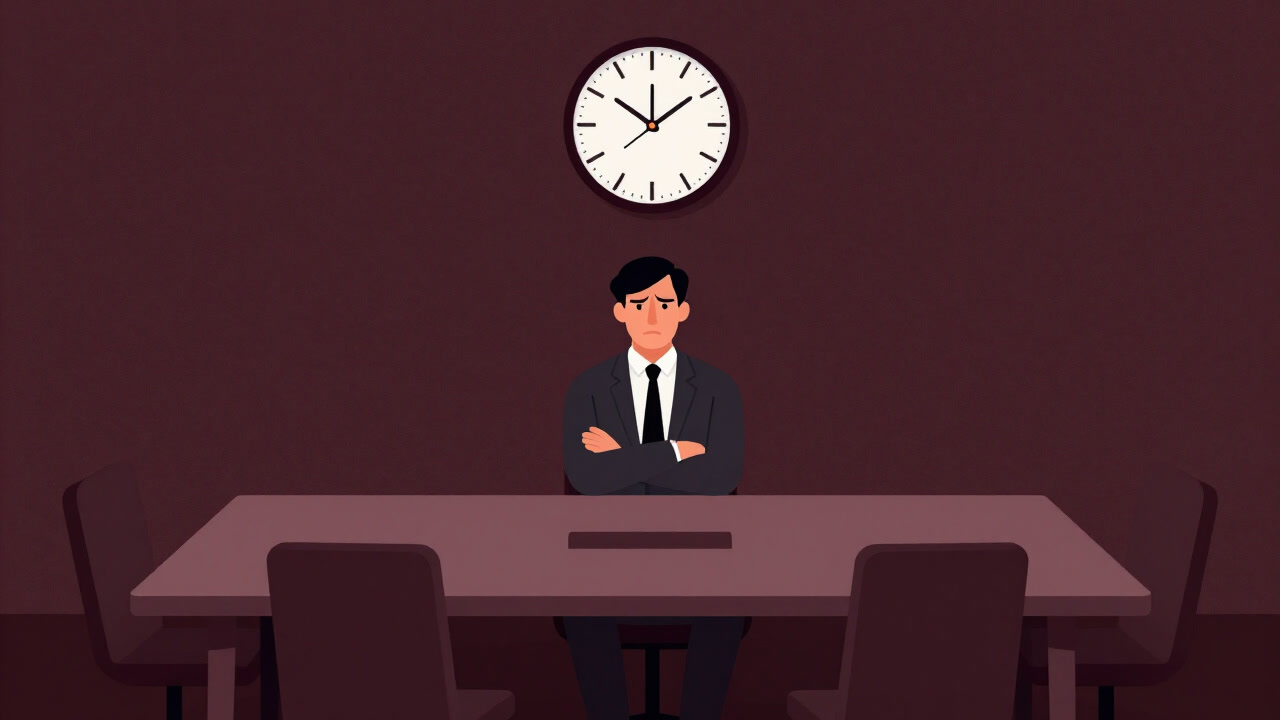 円卓を前に腕組みし、時計をにらみつけるファシリテーターの姿。