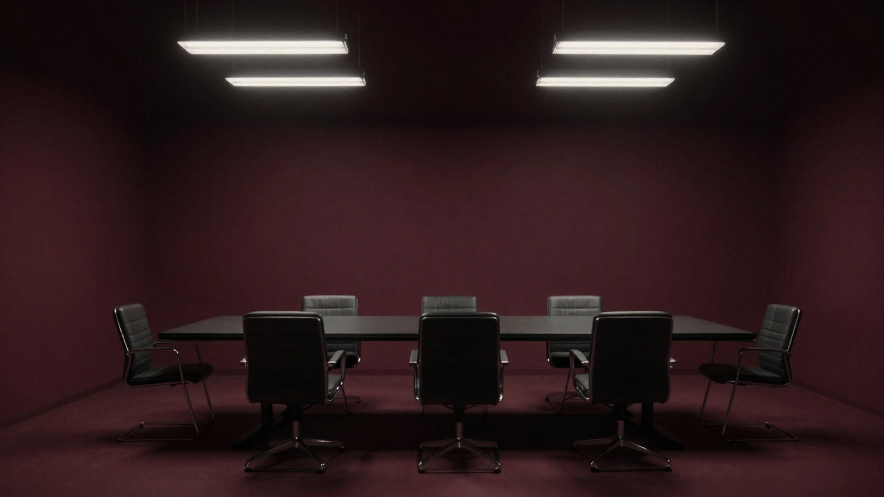 無人の会議室を照らす蛍光灯と空っぽの椅子のある風景