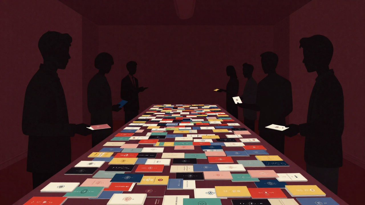 Silhouettes of people chatting around a table piled high with business cards.