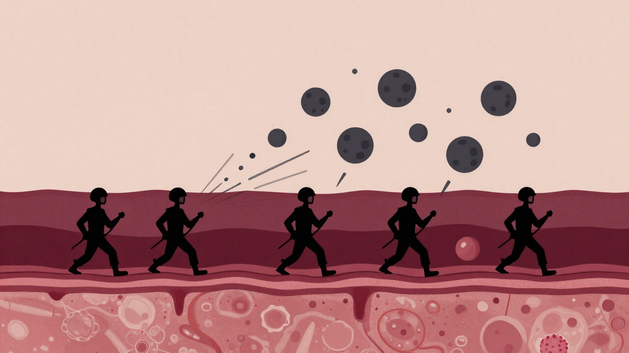 紫外線を撃退する兵隊として描かれた小さなメラニン粒子のコミカルなイラスト