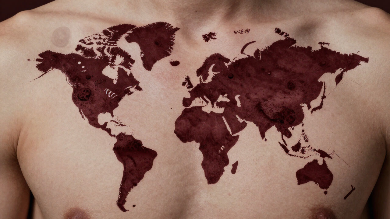 シミや腫瘍がモザイク状に皮膚全体を占拠し、不気味なアートのように浮かび上がる皮膚のクローズアップ画像