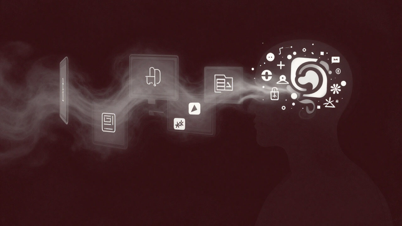 Image of an invisible mist of symbols drifting across social media platforms, spreading unnoticed.