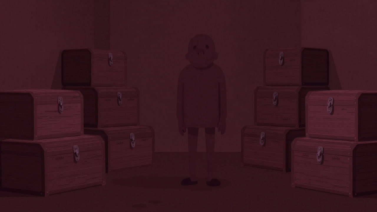 Illustration of a function standing anxiously inside countless locked cache boxes