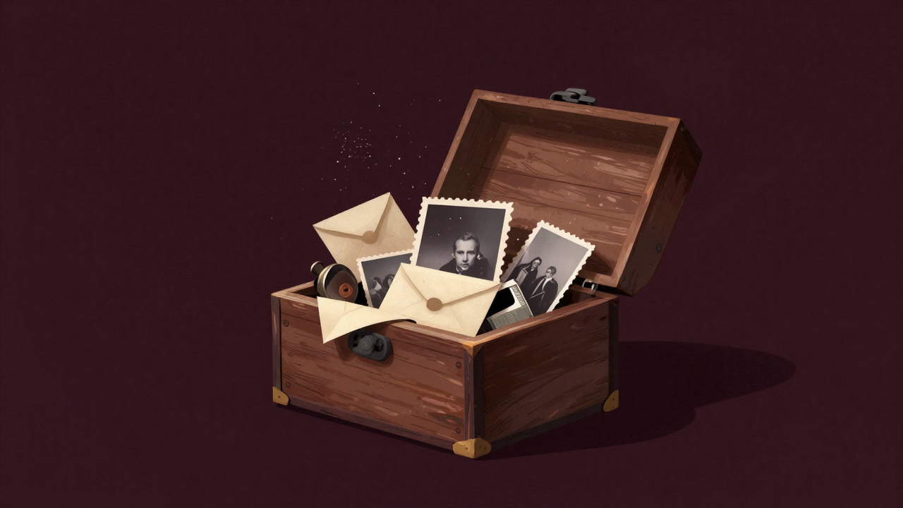 A worn little box tightly packed with photos and letters, overflowing with dust and sentiment when opened